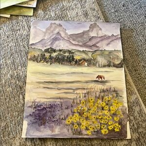 Mountain Landscape Art Print with Yellow Flowers